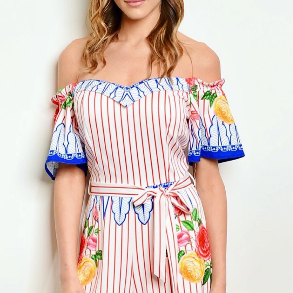 STRIPES & RUFFLES OFF SHOULDER JUMPSUIT